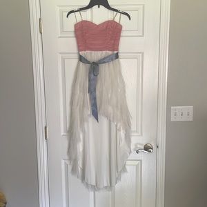 Juniors strapless ruched pink and white hi low dress Sz 3